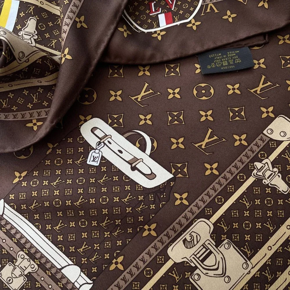 Louis Vuitton Scarf  Travel Trunks Monogram Brown Silk Wrap